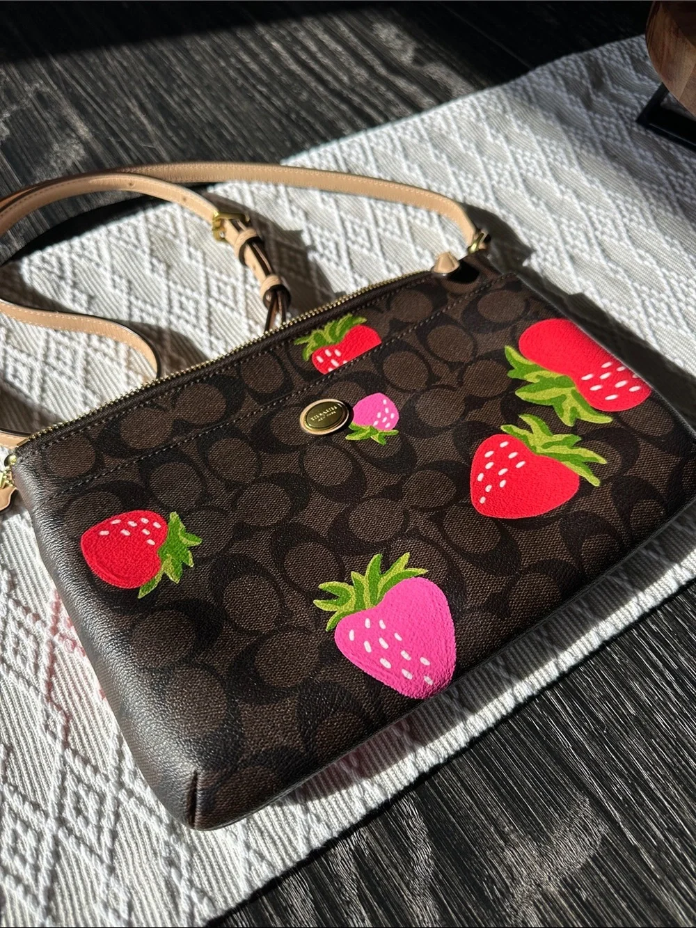 Coach Duo Dark Brown Signature Strawberries Coated Leather Crossbody Bag & Pouch